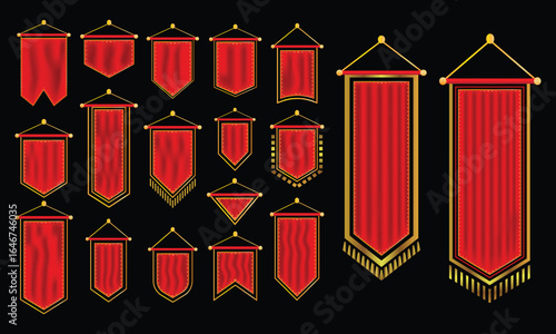 Royal flags icon set. Medieval banners and trophy empty flags vector templates. Medieval battle flag, Hanging fabric royal banner Gold Accents, pennant mockup, castle wall flags vector illustration.