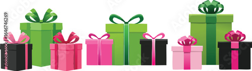 A stylish collection of four gift boxes: one green with a black ribbon, one green with a pink ribbon, and two black boxes with elegant green ribbons for any occasion.