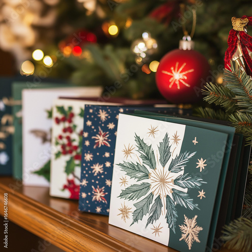 Close-up of Christmas cards with snowflake designs