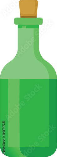 green glass bottle with cork stopper upright on transparent background