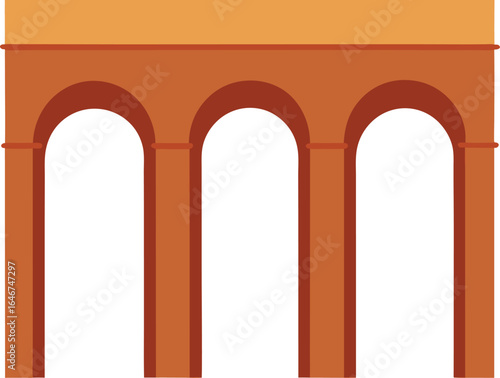 old brick aqueduct with three even arches on transparent background