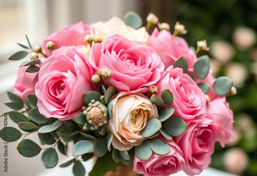 Fototapeta premium Elegant blush pink roses, peonies, and eucalyptus wedding bouquet, pastel, design