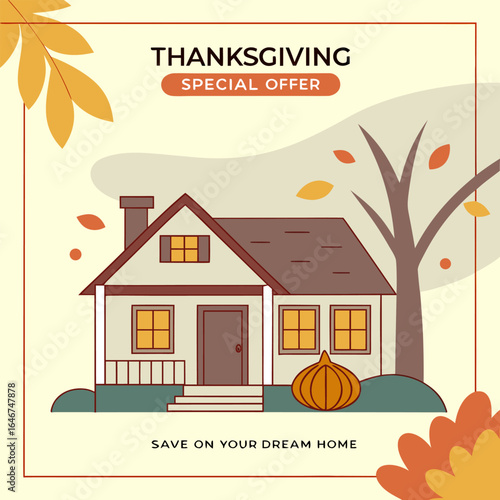 Illustration of a house with thanksgiving elements like leaves and pumpkin for special offer promotion