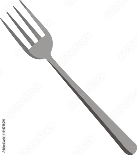 shiny silver fork with four straight tines on transparent background