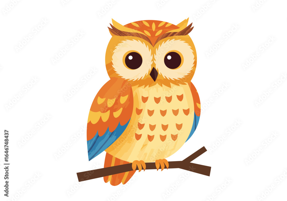 Fototapeta premium Cartoon Owl Perched on a Branch with Orange and Yellow Plumage