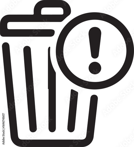 Simple black and white icon of a trash can with an exclamation mark in a circle indicating a warning or error