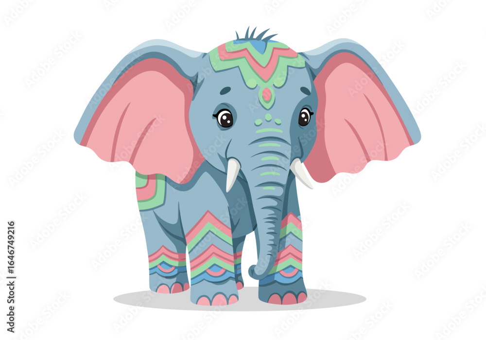 Fototapeta premium Cartoon Elephant with Colorful Decorative Patterns and Pink Ears