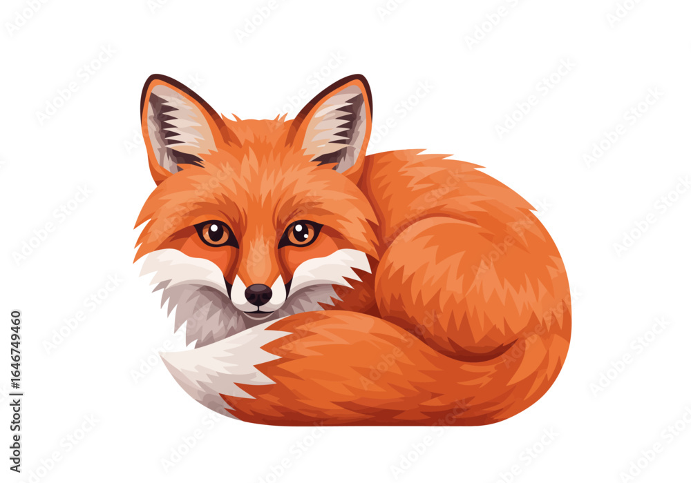 Fototapeta premium Cartoon Red Fox Curled Up with White-Tipped Tail