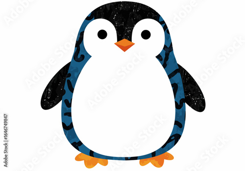Cartoon Penguin with Blue and Black Patterned Feathers Illustration