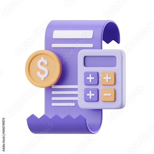 3D accounting icon with receipt calculator and dollar coin