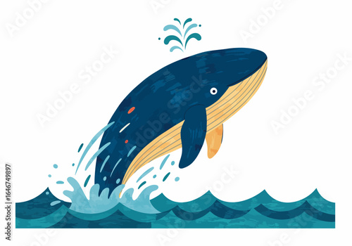 Illustrated Humpback Whale Breaching Ocean Surface with Water Spout