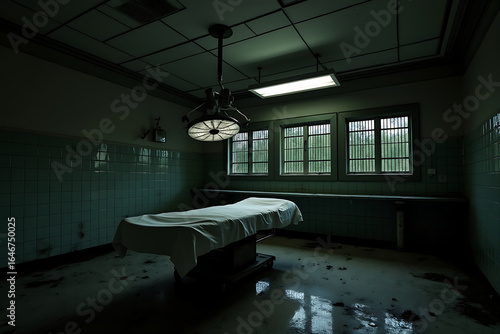Creepy Abandoned Hospital Operating Room with Surgical Table and Gridded Windows in a Dark and Dilapidated Setting