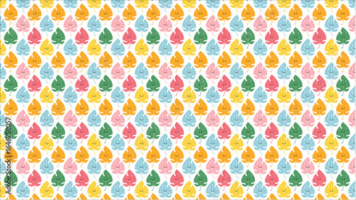 A super cute and charming seamless pattern of tropical foliage where all the leaves are designed as happy kawaii characters with little smiling faces and rosy cheeks.