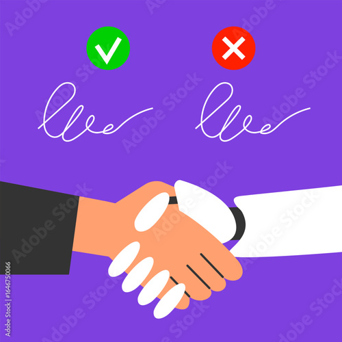 Fake digital art. Digital counterfeits. Machine vision with ai robot and fake sign. Flat vector illustration
