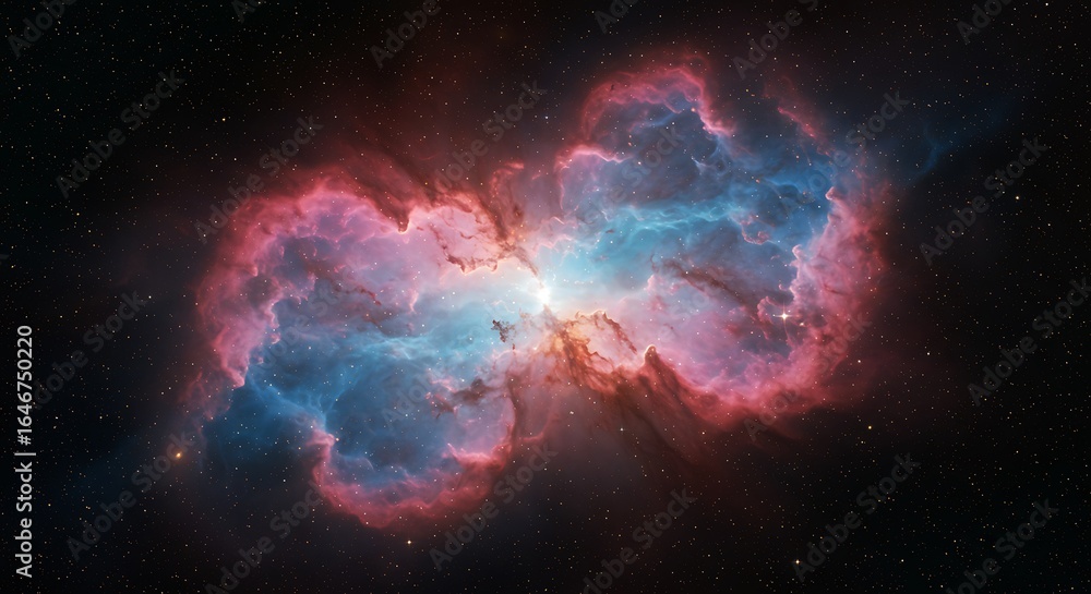 Fototapeta premium Cosmic ballet of red and blue gases in a stunning nebula, a celestial spectacle of stellar birth and death captured by advanced telescopes