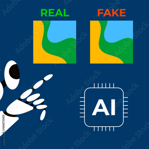 Fake and Real digital art. Digital counterfeits. AI Robot can spot fake picture. Machine vision with chatbot. Flat vector illustration