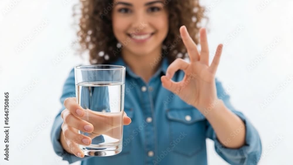 Smiling Woman Offers Glass of Water, Okay Sign, Healthy Lifestyle. Smiling Woman Offers Glass of Water, Okay Sign, Healthy Lifestyle.