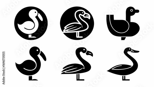 Collection of six stylized black and white bird icons including ducks swans and flamingos in various poses silhouette