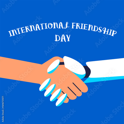 Happy International Friendship Day with AI. Greeting card with shake hands of human and robot. Flat Vector illustration design.