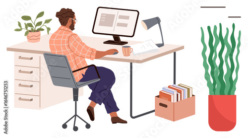 Man sitting on chair at desk with computer, coffee mug, lamp, documents, books, and plants. Ideal for productivity, remote work focus modern workspace organization creativity home office. Simple