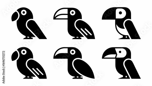 Collection of six stylized black toucan bird icons with varying beak and eye designs on a white background silhouette
