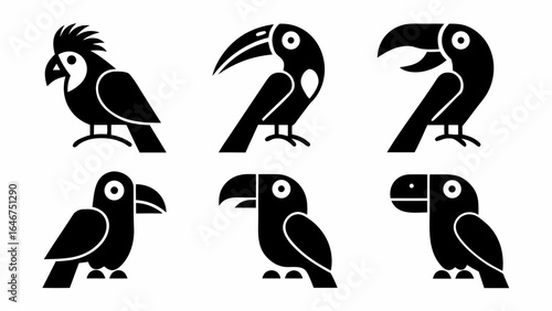 Illustration of six stylized black birds featuring a cockatoo and various toucan representations of birds silhouette