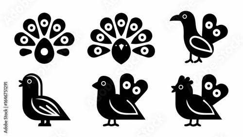 Illustration featuring six stylized black birds including peacocks and other bird varieties shown together silhouette