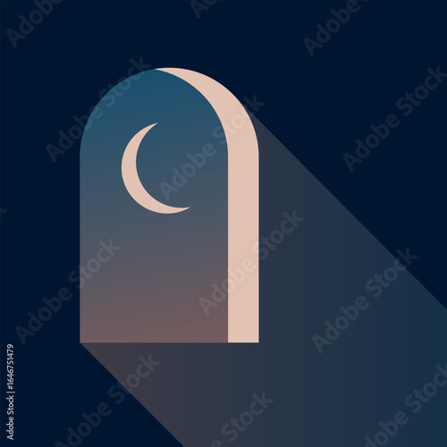 Crescent. Half moon in window. Arabic religion sign. Flat vector illustration.