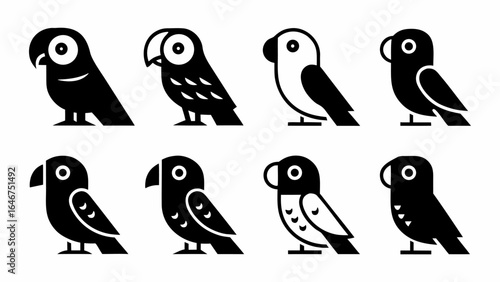 Illustration showing eight stylized black and white birds in different designs on a white background silhouette