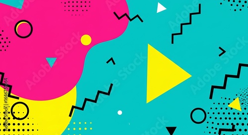 Colorful abstract geometric background with vibrant shapes and patterns in a retro 80s and 90s Memphis style for creative design