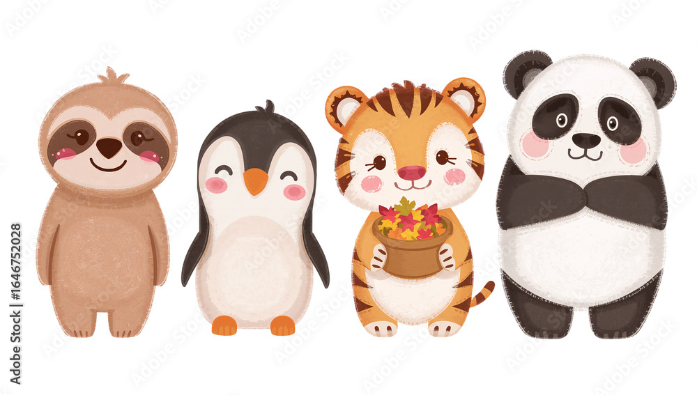 Charming cartoon animal group featuring sloth, penguin, tiger and panda against transparent backdrop Charming cartoon animal group featuring sloth, penguin, tiger and panda against transparent backdrop