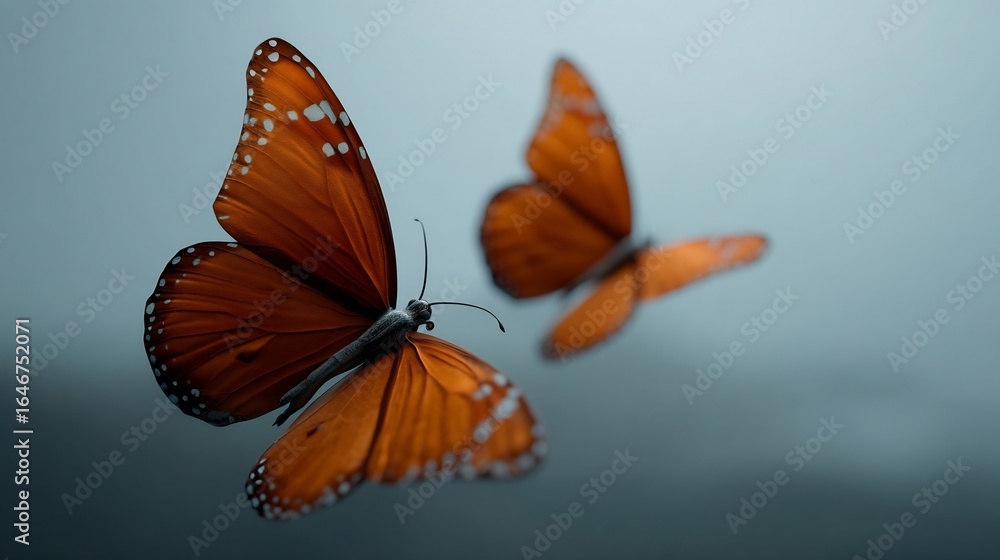 Fototapeta premium Two Orange Butterflies in Flight Against a Soft Gradient Background.