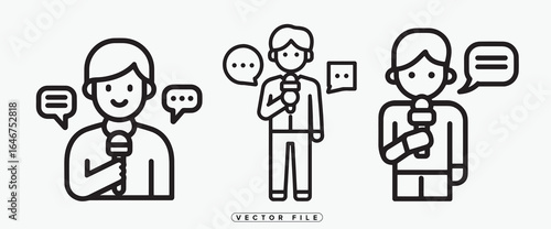 Simple black line icons of people holding microphones with speech bubbles around them
