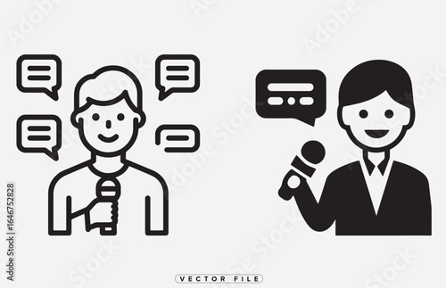 Simple black and white vector icons of people speaking into microphones with speech bubbles
