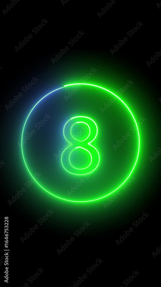 Vibrant countdown sequence featuring neon number eight vertical video. Glowing neon number eight with green light illuminated on black background. Glowing countdown animation vertical video.