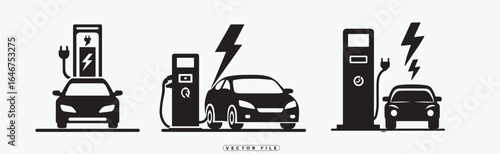 Electric Vehicle Charging Station Icons with Cars and Lightning Bolts