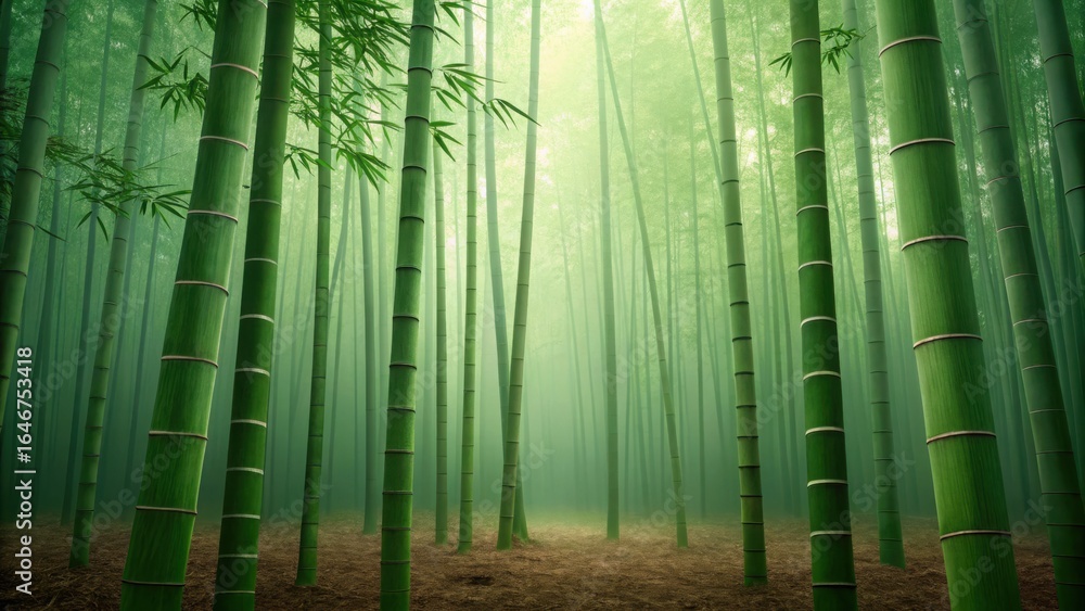 Fototapeta premium Sunlight filters through a dense misty bamboo forest creating an ethereal and serene natural landscape