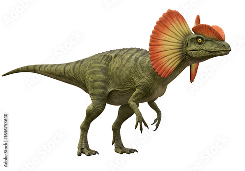 Realistic 3D rendering of a Dilophosaurus dinosaur with colorful neck frill, full body on a white background.