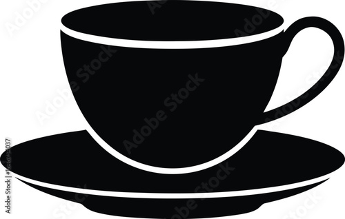 elegant black ceramic teacup with saucer on transparent background