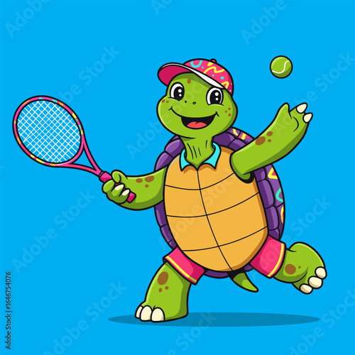 Cartoon turtle playing tennis, wearing a red-yellow cap and red shorts, happily swinging a racket on one leg against a blue background.