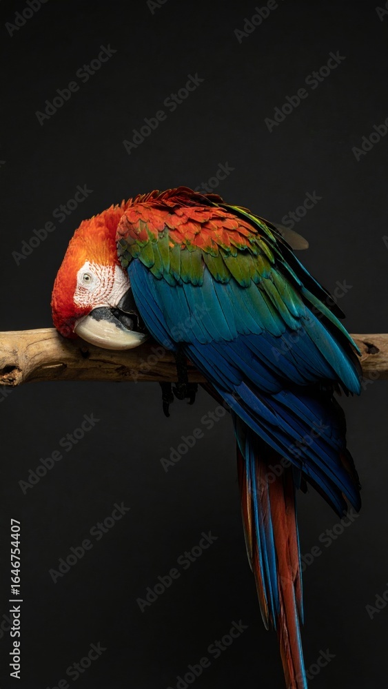 Fototapeta premium Scarlet macaw resting on perch with vibrant plumage against a dark backdrop