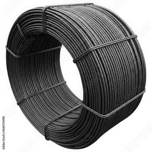A coil of black steel rebar wire, a fundamental material for construction and reinforcement in the building industry, isolated on a transparent background