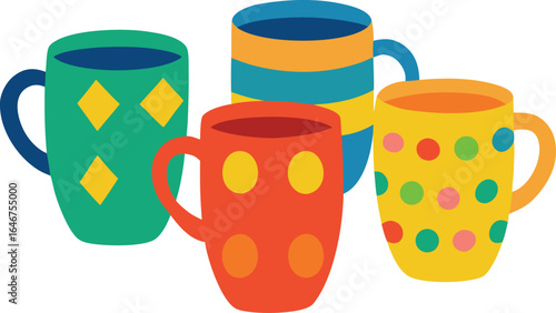 set of ceramic mugs colorful pattern on transparent background