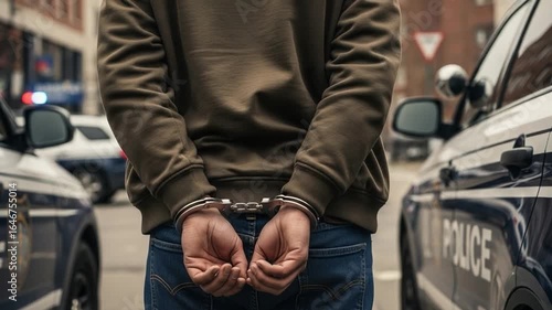 Rear view of a young man in handcuffs being arrested by police officers on a city street, with squad cars in the background.