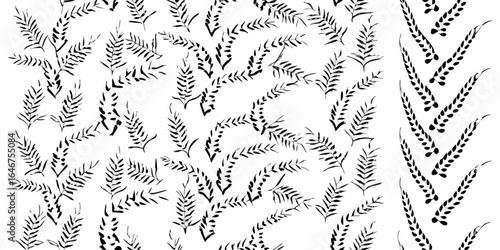 Vector botanical pattern featuring black ink style leaves and branches scattered on a white background design element