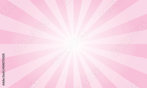Bubble gum pink background with white sun ray. Abstract texture with light of sunburst. Radial glowing beam of sunlight. Retro background with flash. Design of sunbeams vector illustration.