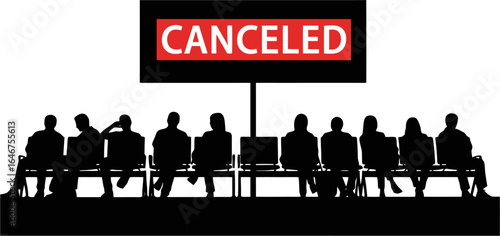 A minimalist vector silhouette of passengers sitting in a terminal with a "CANCELED" sign in the background. The illustration conveys a sense of waiting, disappointment, and flight disruption.