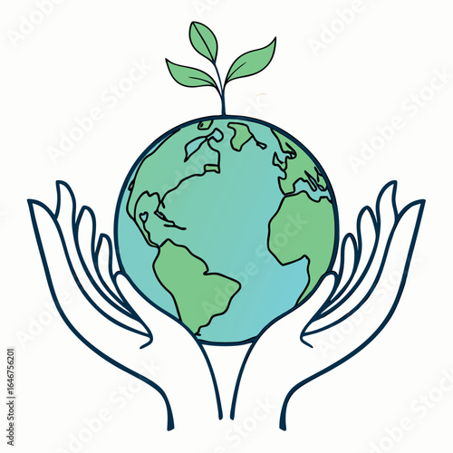 Teal globe featuring continents being held by two hands with sprout overhead against white