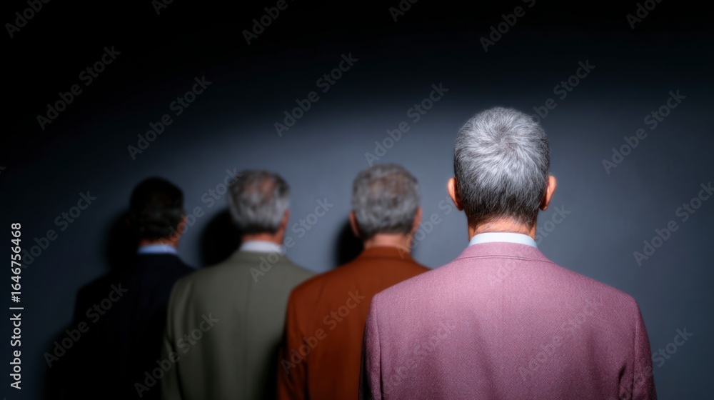 Obraz premium Four businessmen with gray hair stand facing away from the camera against a dark background