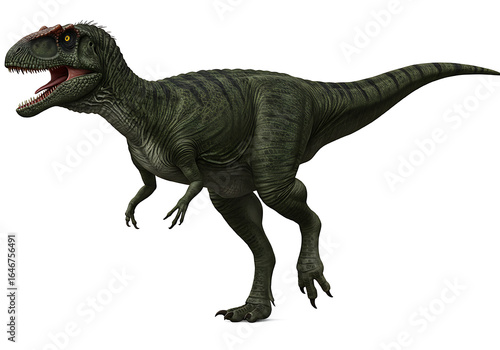 Realistic 3D rendering of an Allosaurus dinosaur in full body view on a white background.